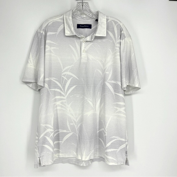Tommy Bahama Polo Tropical Short Sleeve Shirt Gray & White Stripe Leaf Print XL - Picture 1 of 4